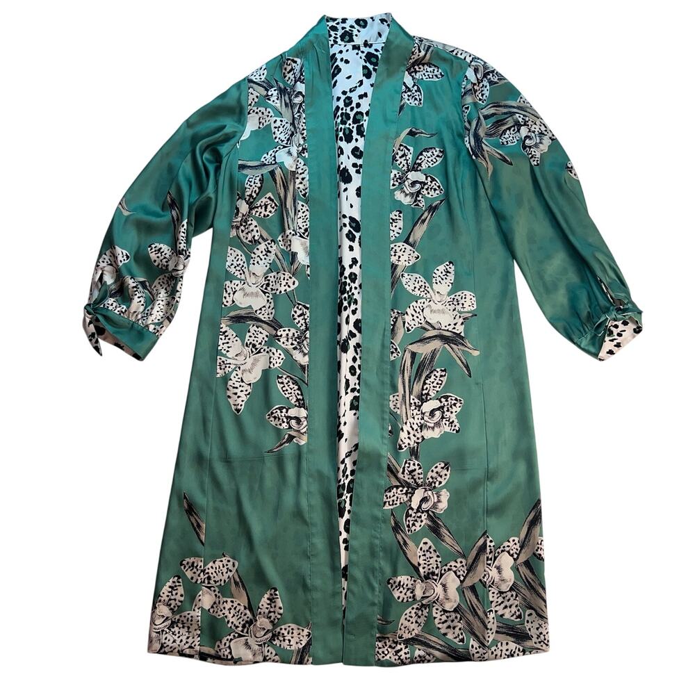 Reversible Kimono Robe Duster Jacket Green Orchid Floral & Leopard Animal Print